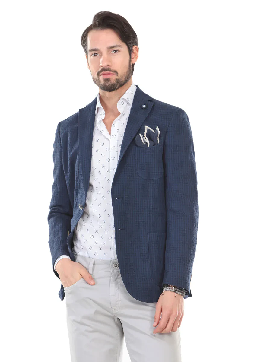 Lacivert Desenli Zerogravity Slim Fit Pamuk Karışımlı Ceket - 1