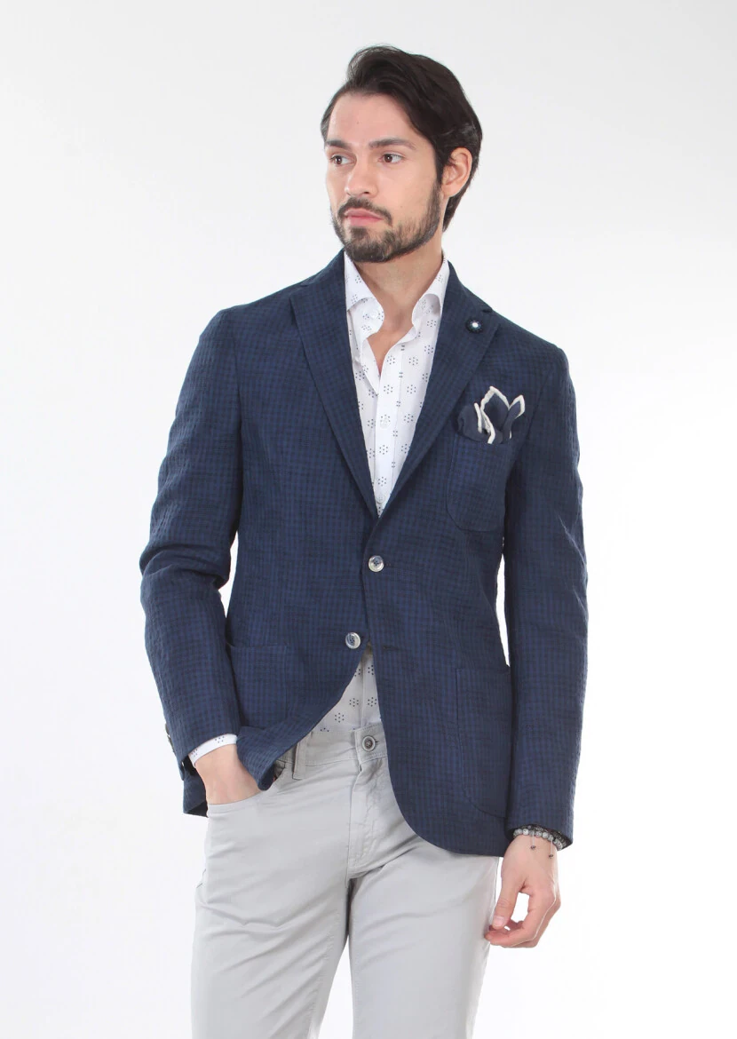 Lacivert Desenli Zerogravity Slim Fit Pamuk Karışımlı Ceket - 3