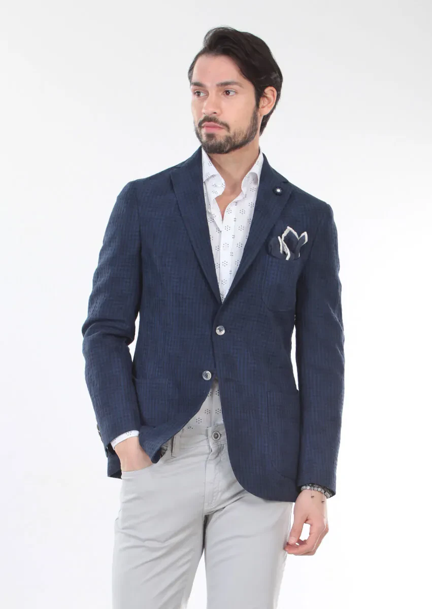 Lacivert Desenli Zerogravity Slim Fit Pamuk Karışımlı Ceket - 3