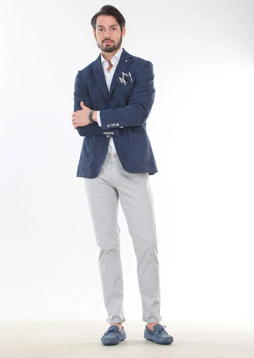 Lacivert Desenli Zerogravity Slim Fit Pamuk Karışımlı Ceket - 4