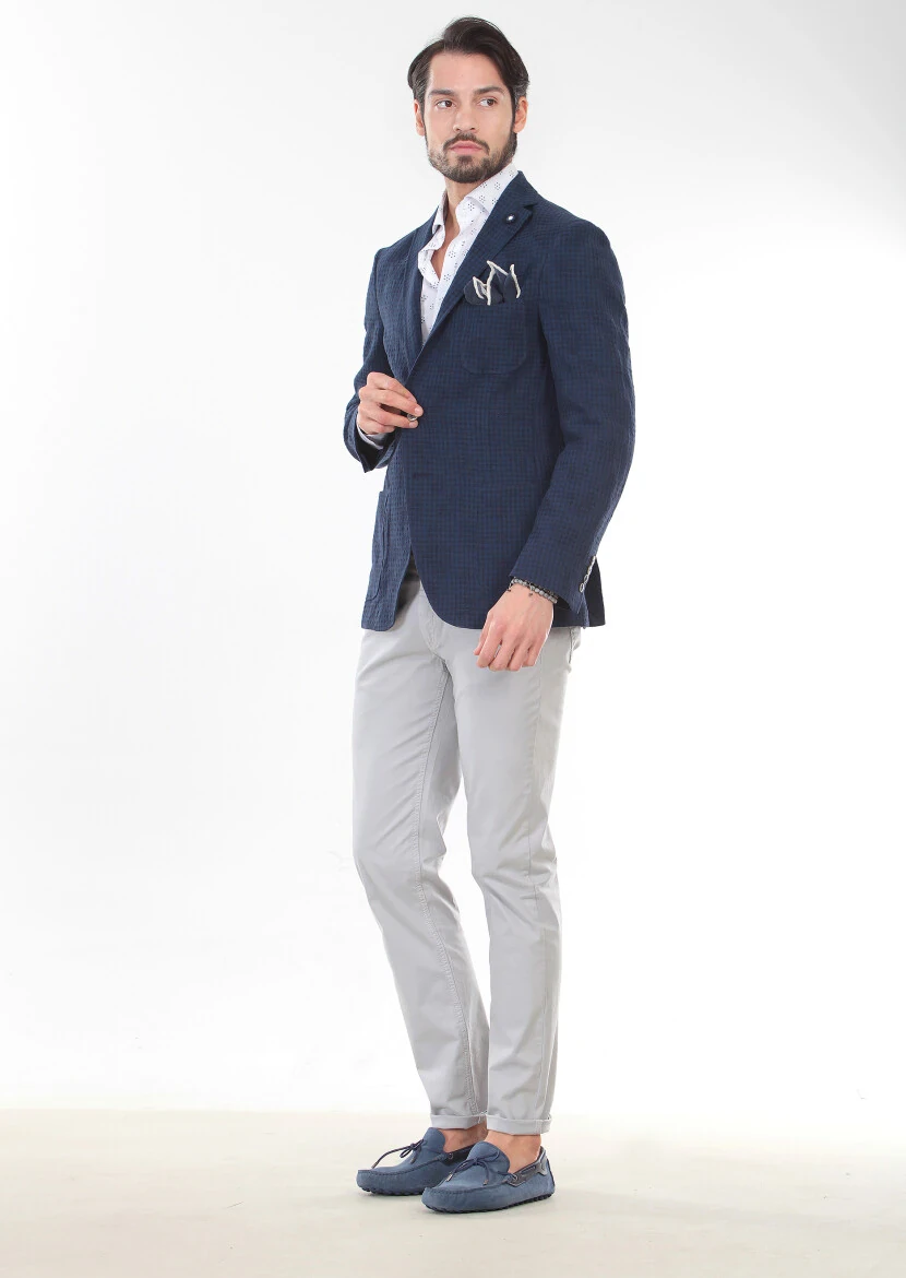 Lacivert Desenli Zerogravity Slim Fit Pamuk Karışımlı Ceket - 5