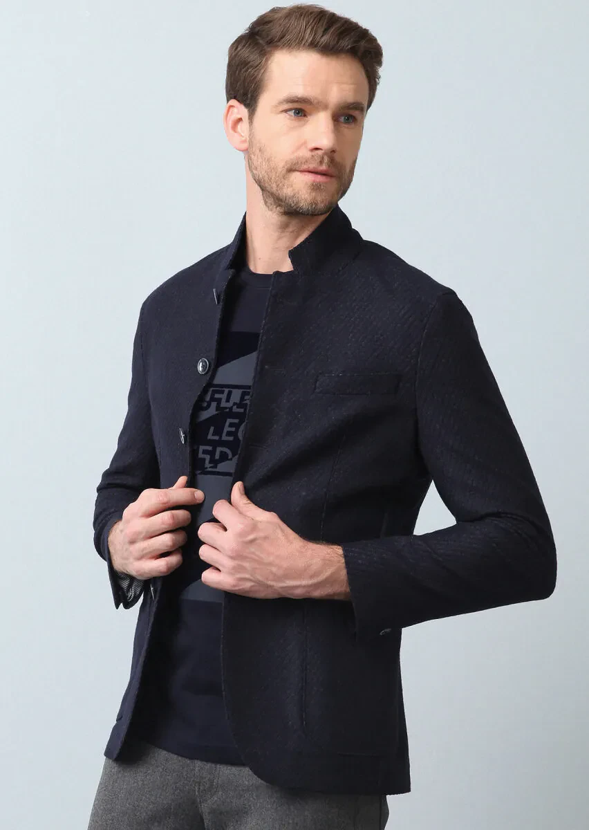 Lacivert Desenli Zerogravity Slim Fit Yün Karışımlı Örme Ceket - 3