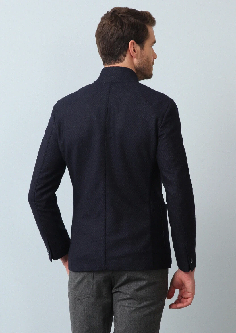 Lacivert Desenli Zerogravity Slim Fit Yün Karışımlı Örme Ceket - 5