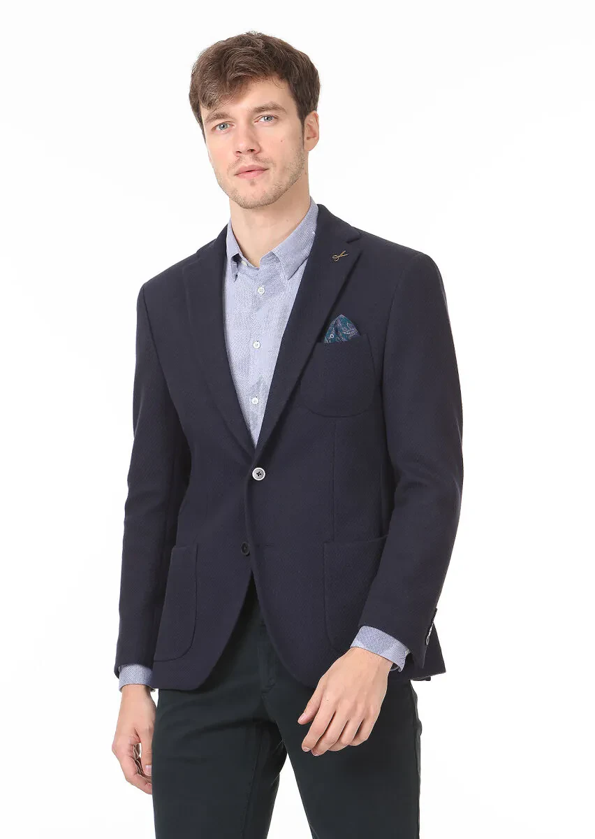 Lacivert Desenli Zeroweight Slim Fit %100 Pamuk Örme Ceket - 1