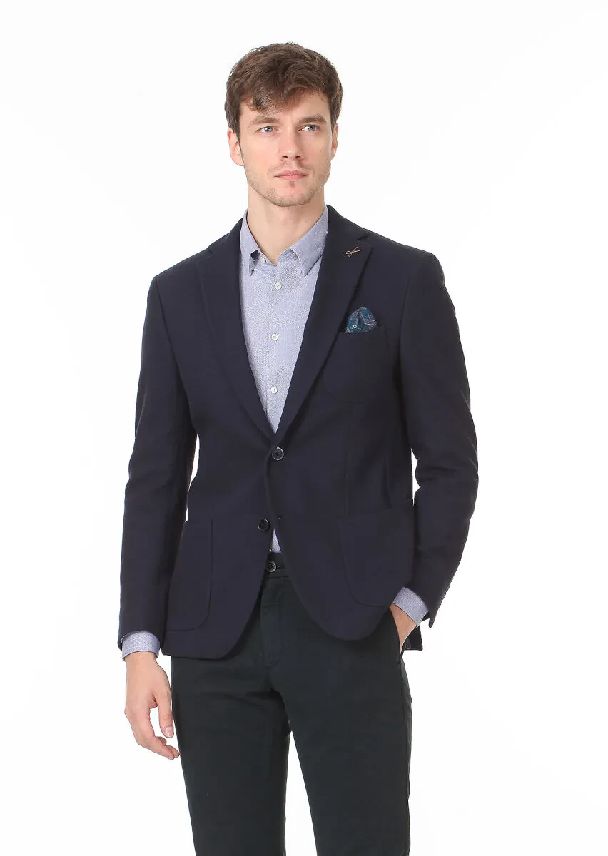 Lacivert Desenli Zeroweight Slim Fit %100 Pamuk Örme Ceket - 3