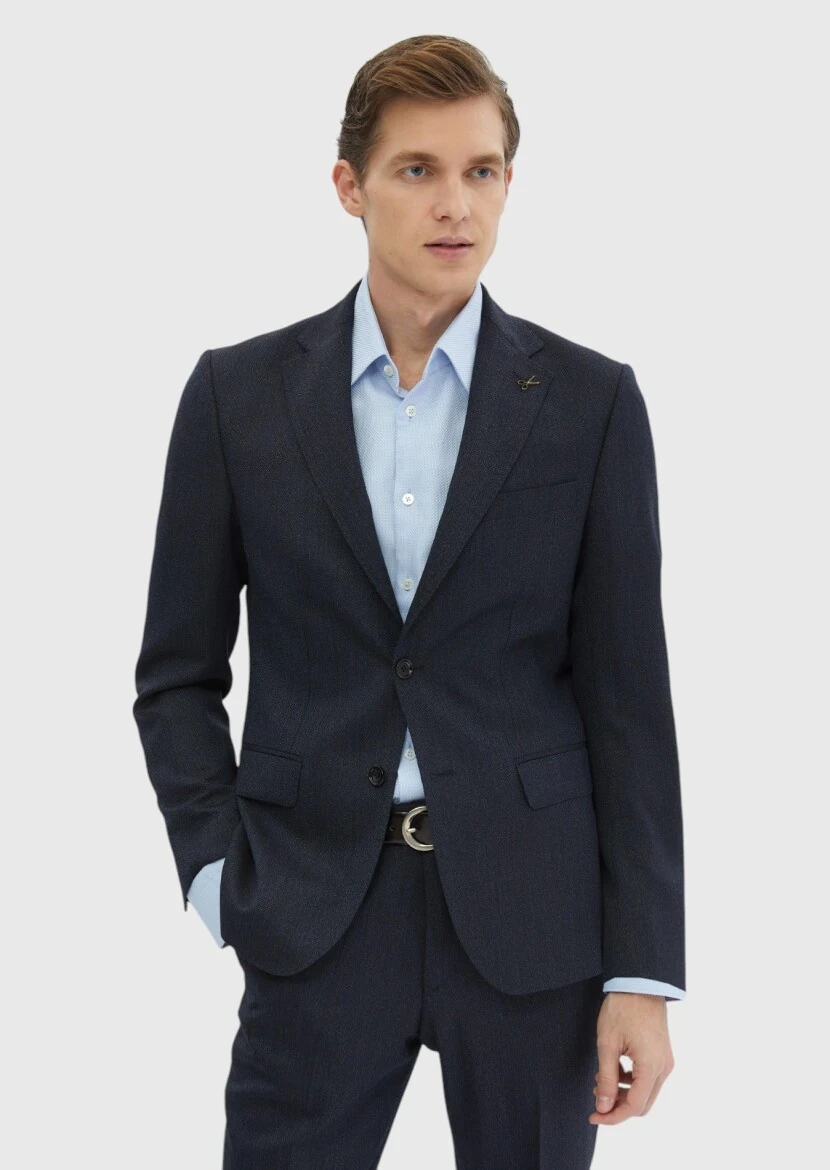 Lacivert Desenli Zeroweight Slim Fit %100 Yün Takım Elbise - RAMSEY