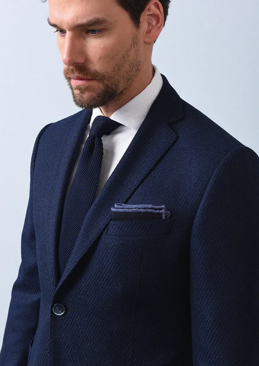 Lacivert Desenli Zeroweight Slim Fit İpek Karışımlı Ceket - 2