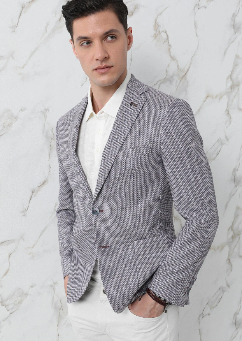 Lacivert Desenli Zeroweight Slim Fit Pamuk Karışımlı Örme Ceket - 1