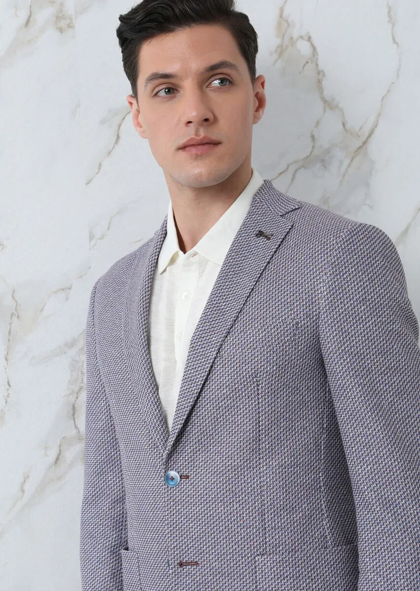 Lacivert Desenli Zeroweight Slim Fit Pamuk Karışımlı Örme Ceket - 2