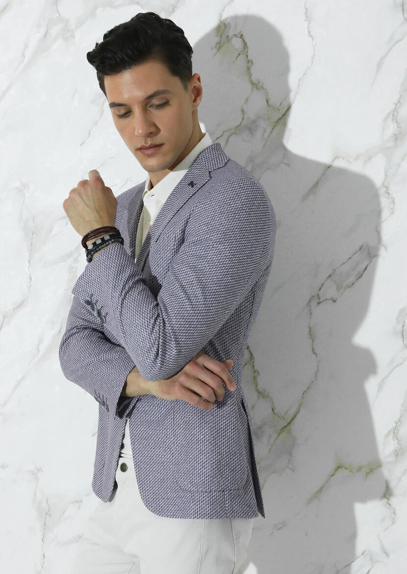 Lacivert Desenli Zeroweight Slim Fit Pamuk Karışımlı Örme Ceket - 3