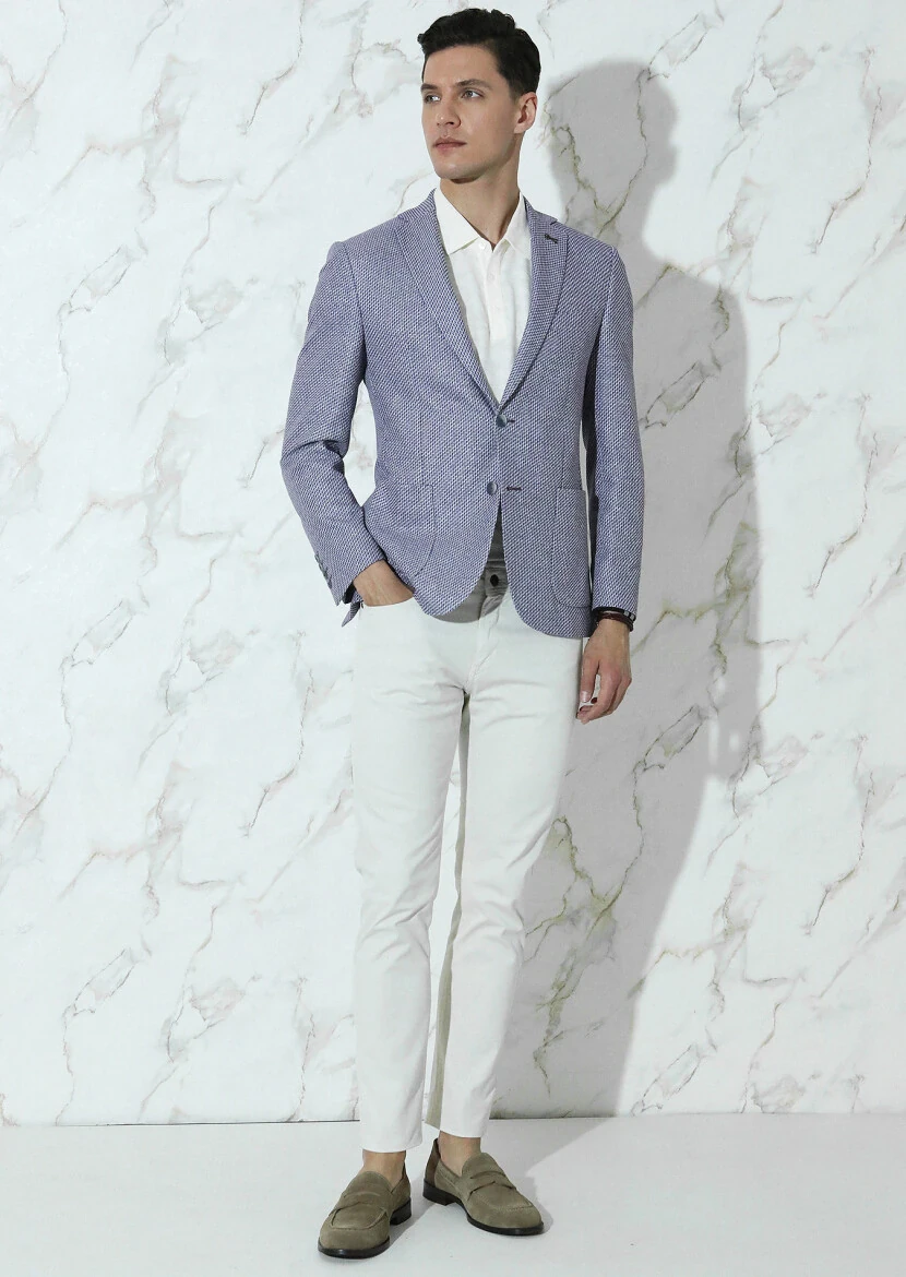 Lacivert Desenli Zeroweight Slim Fit Pamuk Karışımlı Örme Ceket - 4