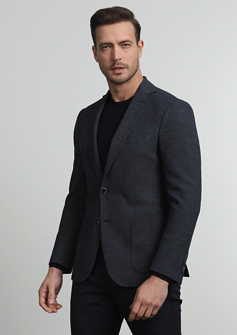 Lacivert Desenli Zeroweight Slim Fit Yün Karışımlı Ceket - 1