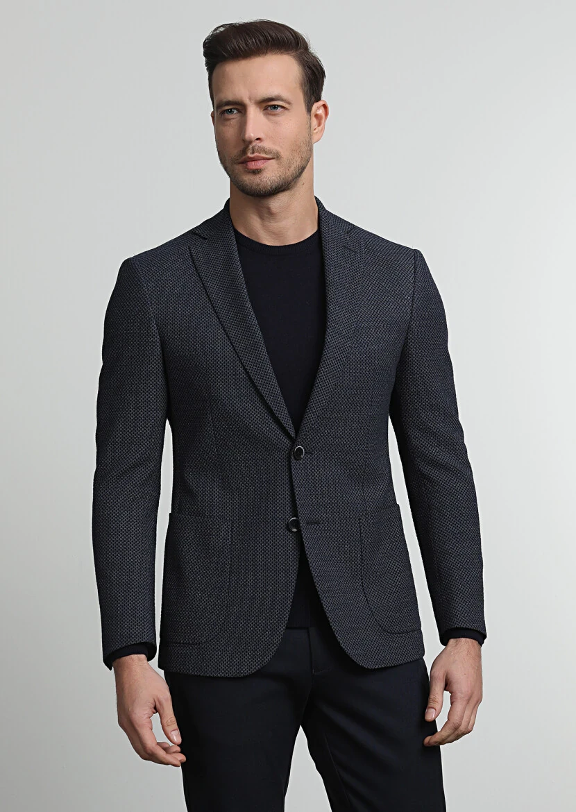 Lacivert Desenli Zeroweight Slim Fit Yün Karışımlı Ceket - 3