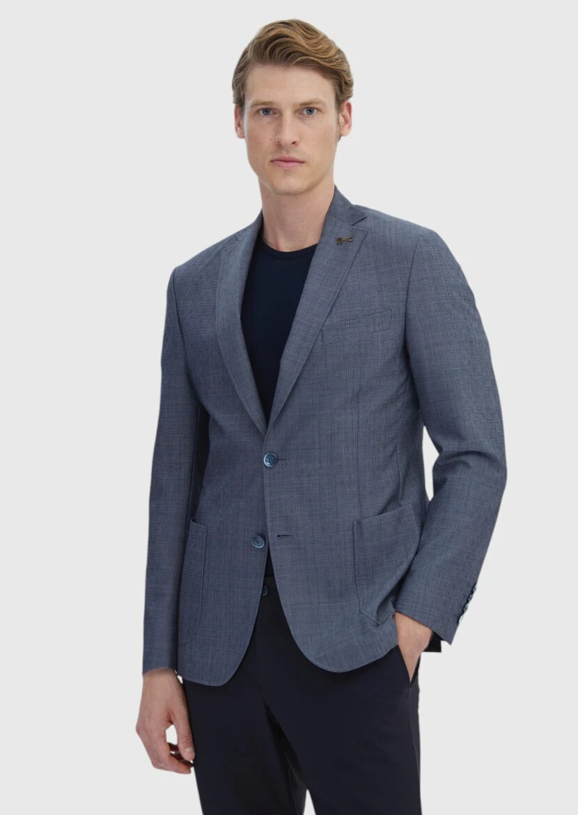 Lacivert Desenli Zeroweight Slim Fit Yün Karışımlı Ceket - RAMSEY