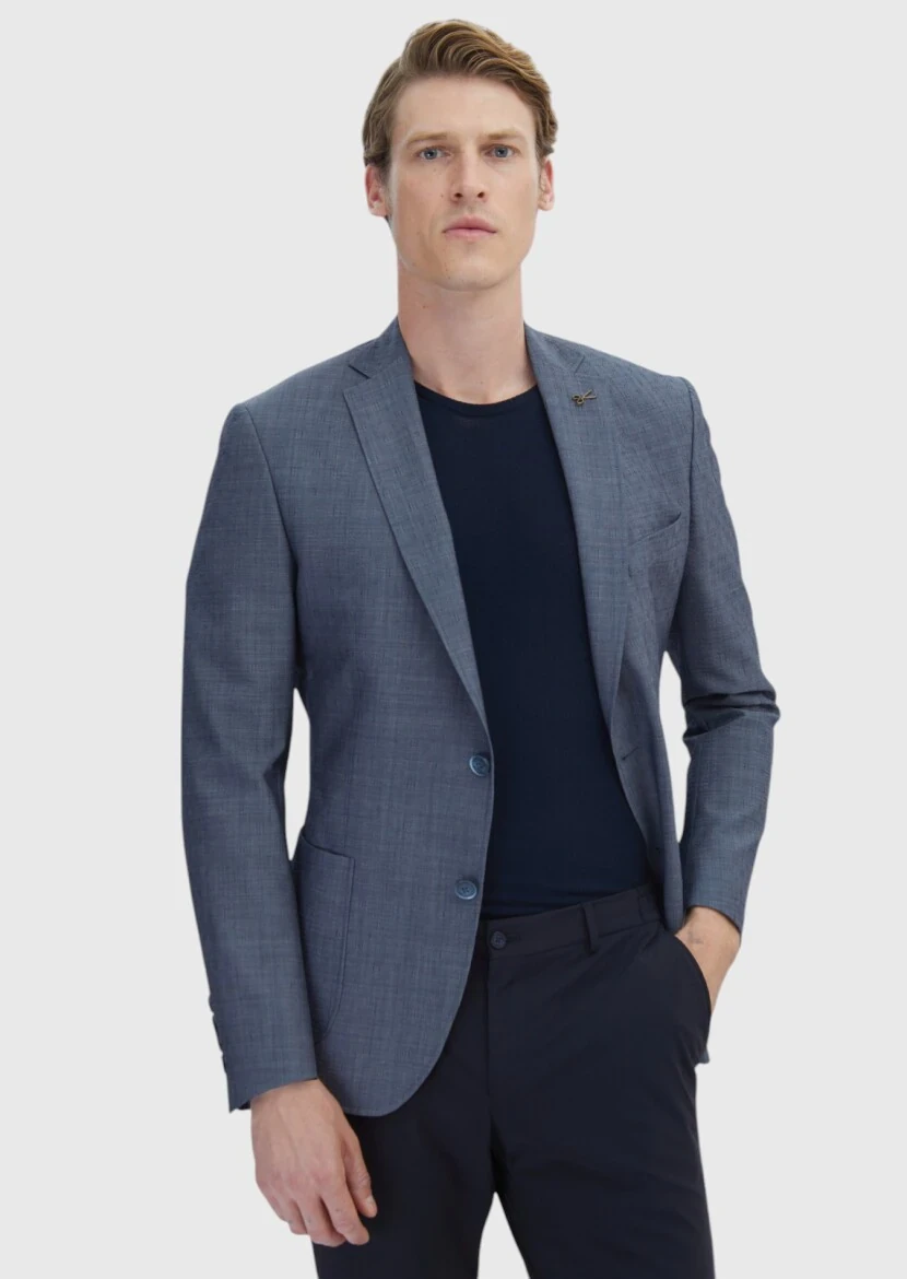 Lacivert Desenli Zeroweight Slim Fit Yün Karışımlı Ceket - 3