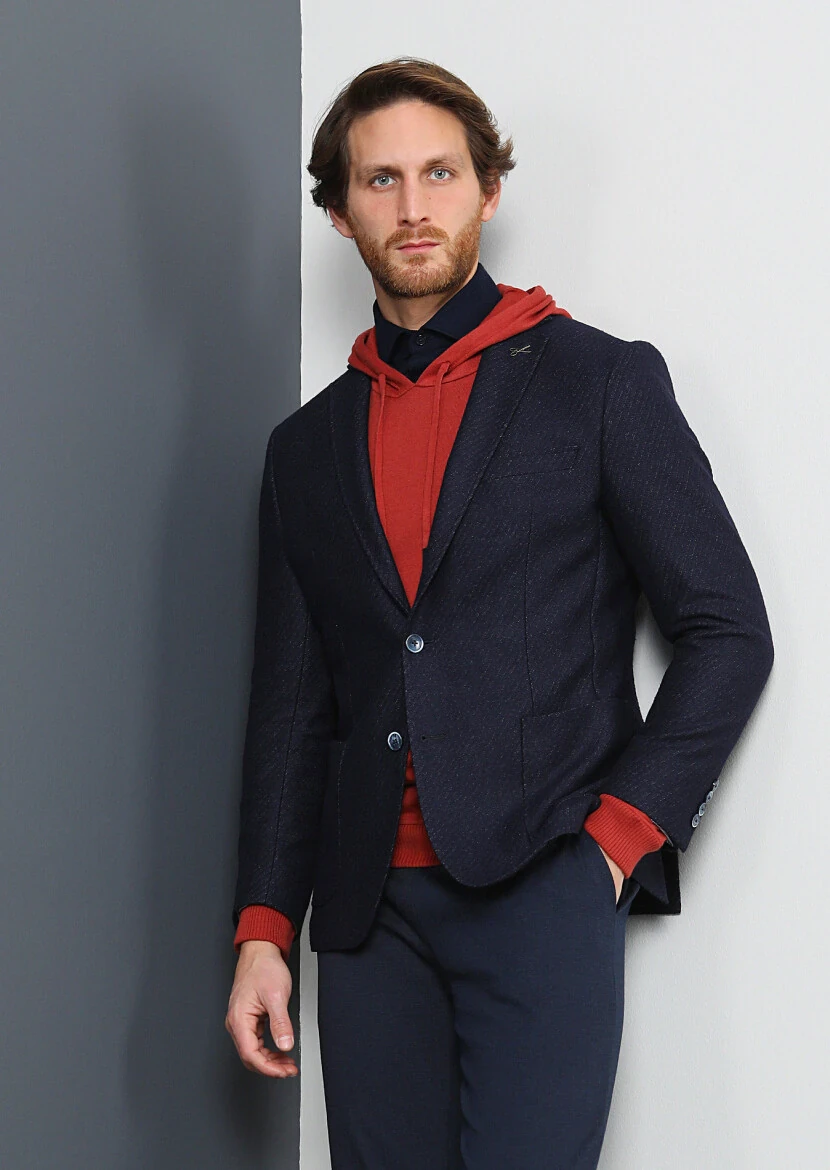 Lacivert Desenli Zeroweight Slim Fit Yün Karışımlı Örme Ceket - 1