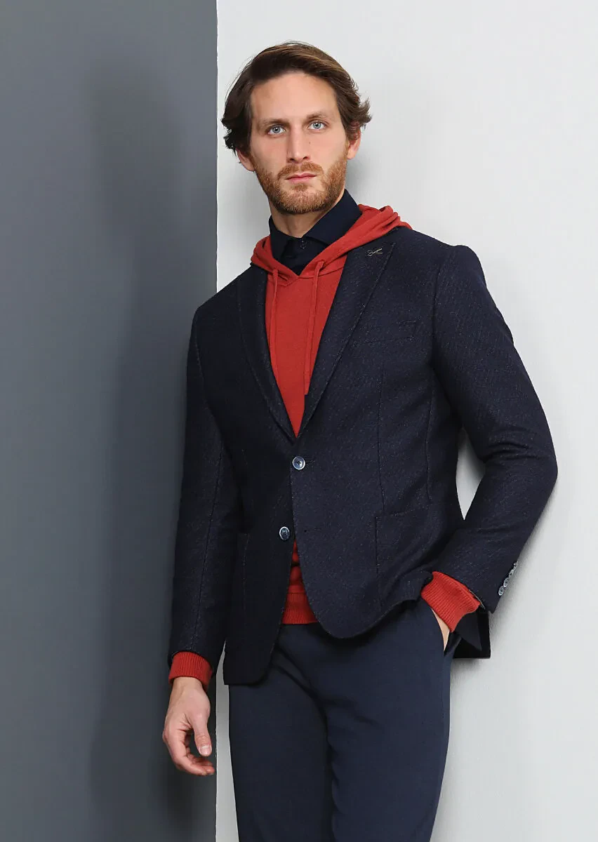 Lacivert Desenli Zeroweight Slim Fit Yün Karışımlı Örme Ceket - 1