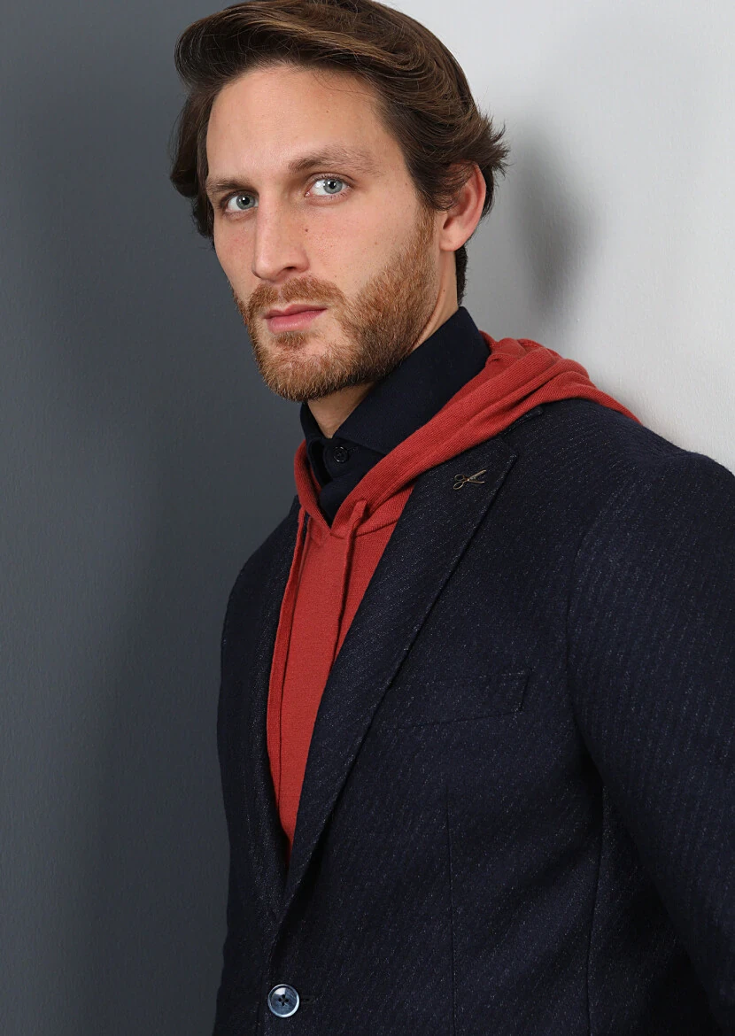 Lacivert Desenli Zeroweight Slim Fit Yün Karışımlı Örme Ceket - 2