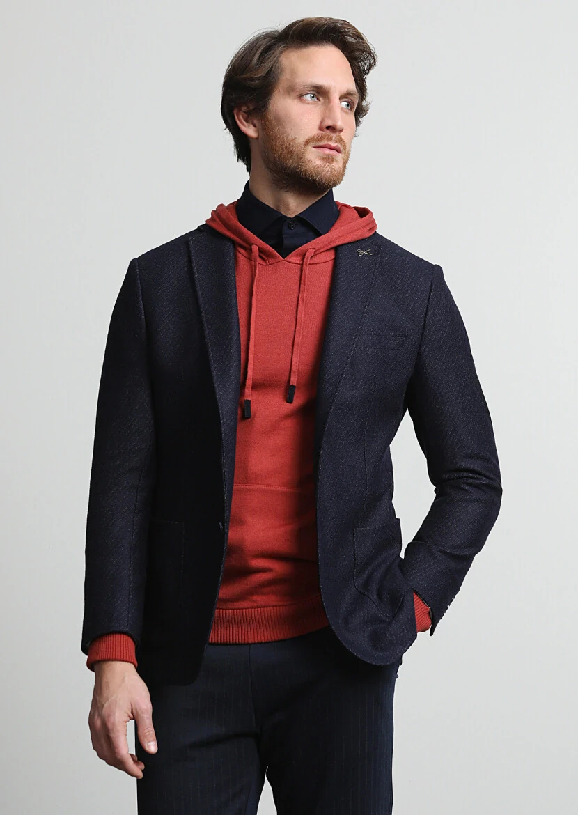 Lacivert Desenli Zeroweight Slim Fit Yün Karışımlı Örme Ceket - 3