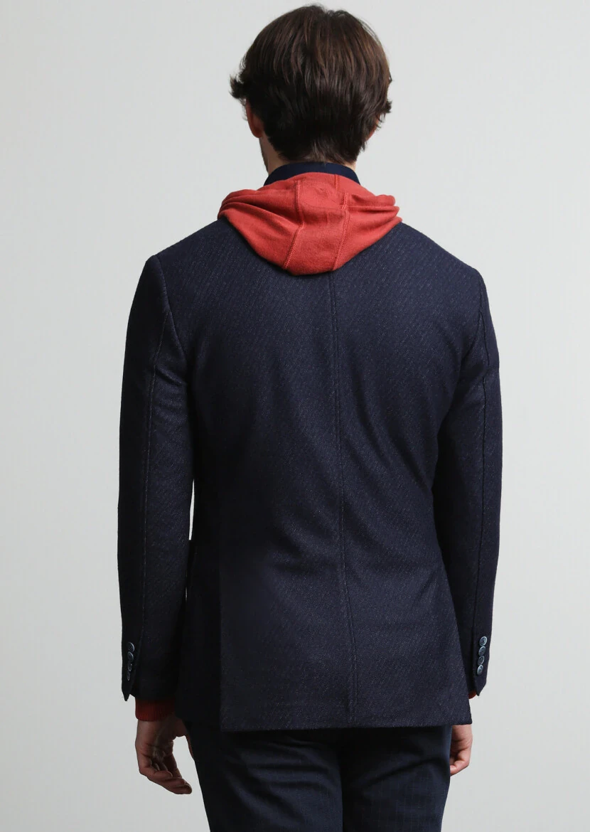 Lacivert Desenli Zeroweight Slim Fit Yün Karışımlı Örme Ceket - 4