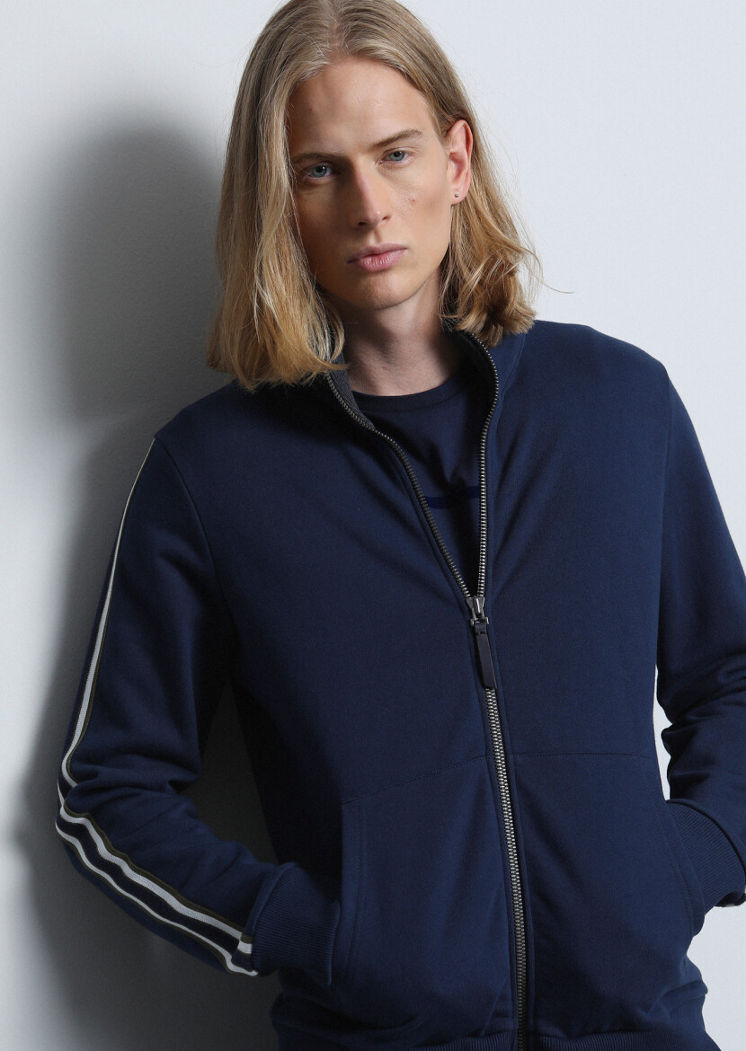 Lacivert Dik Yaka Düz Sweatshırt - 1