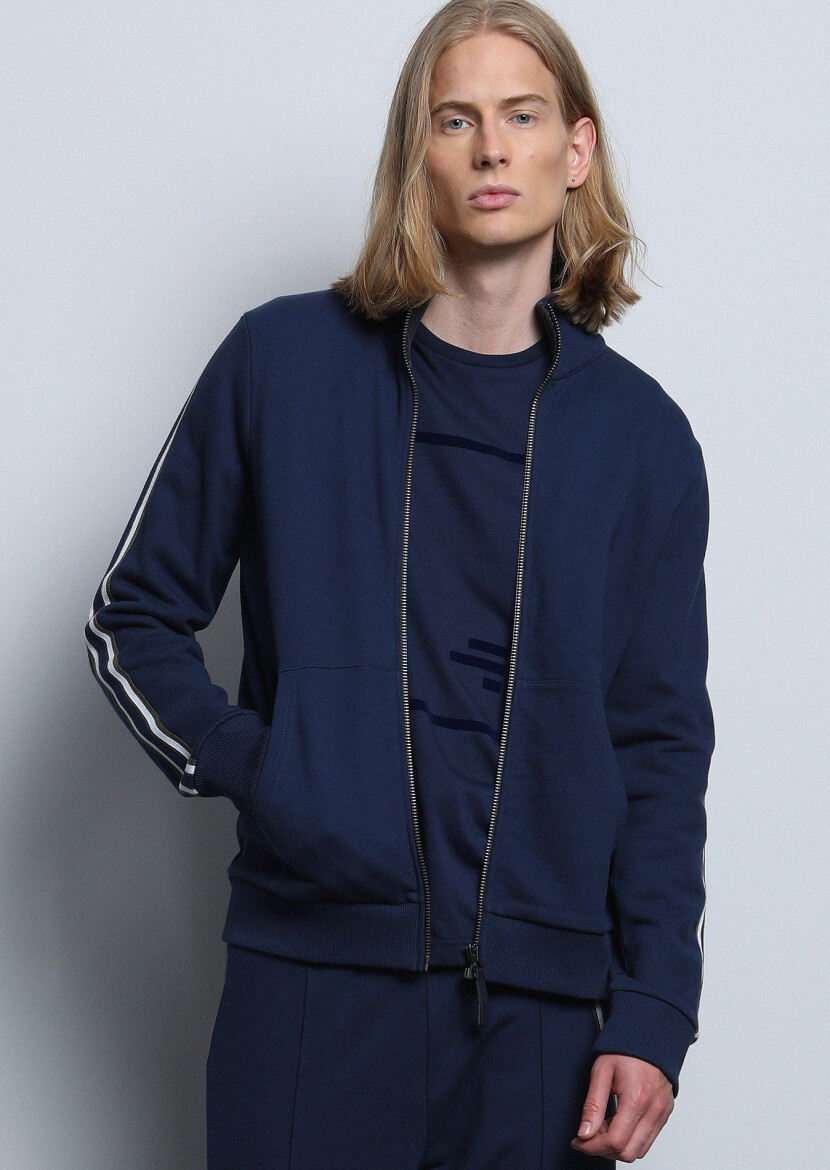 Lacivert Dik Yaka Düz Sweatshırt - 2