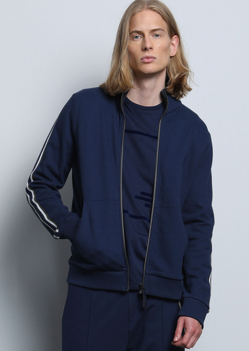 Lacivert Dik Yaka Düz Sweatshırt - 2