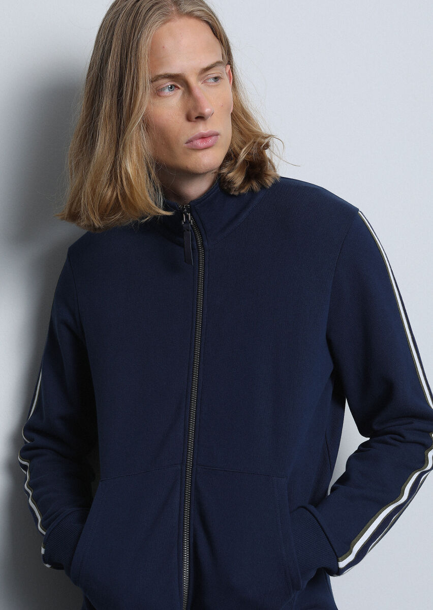 Lacivert Dik Yaka Düz Sweatshırt - 3