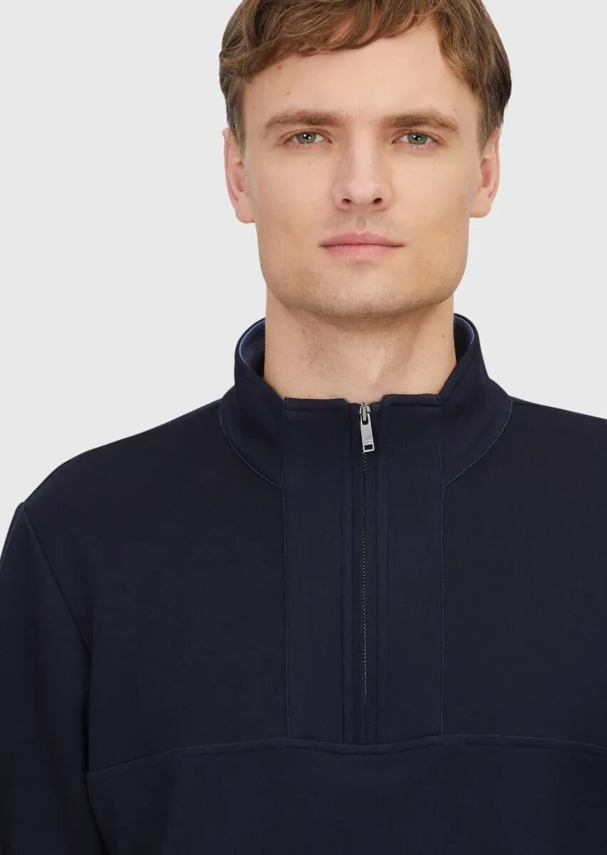 Lacivert Dik Yaka Düz Sweatshırt - 4