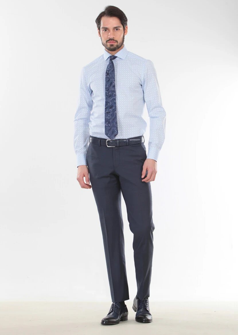 Lacivert Dokuma Modern Fit Klasik %100 Yün Pantolon - 1