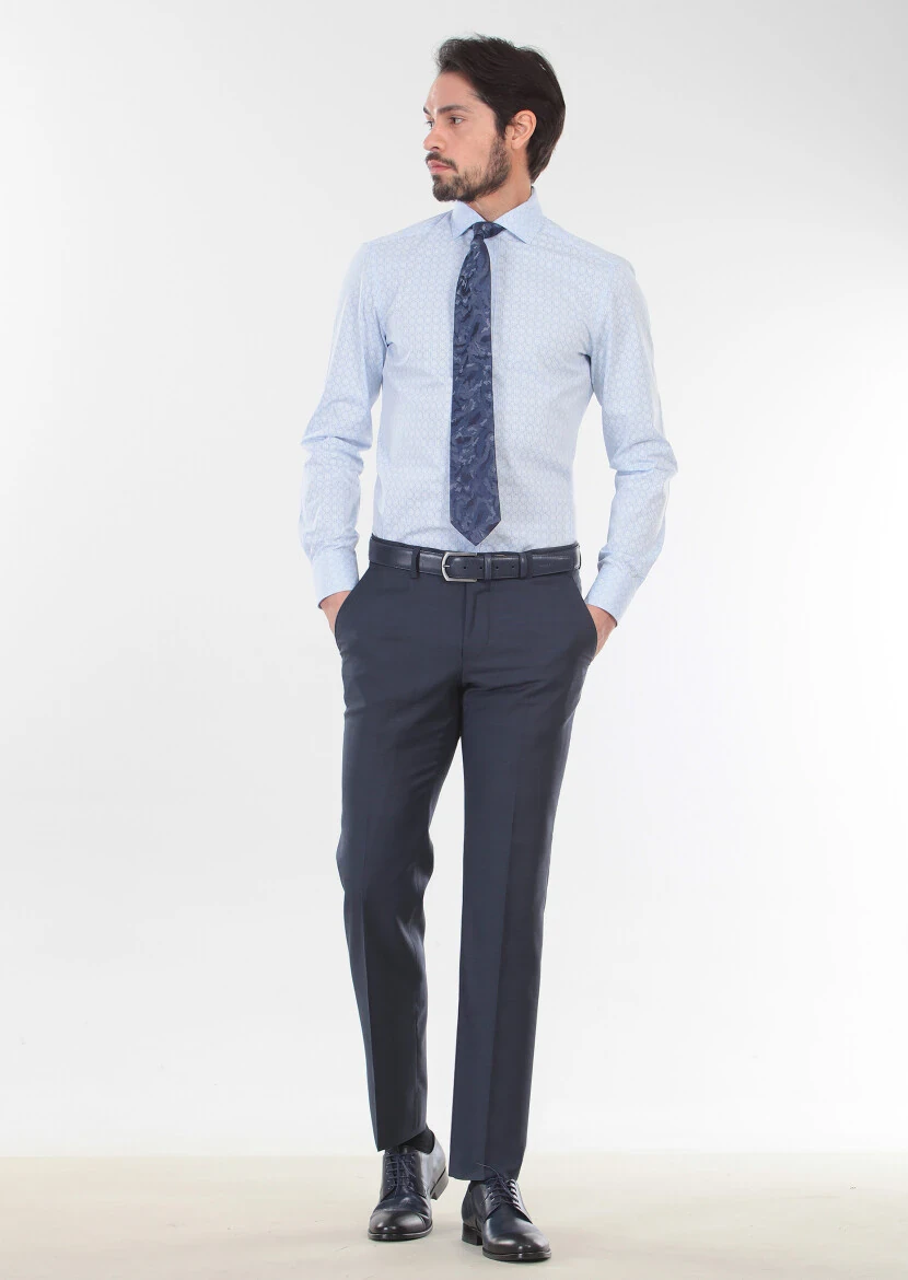 Lacivert Dokuma Modern Fit Klasik %100 Yün Pantolon - 3