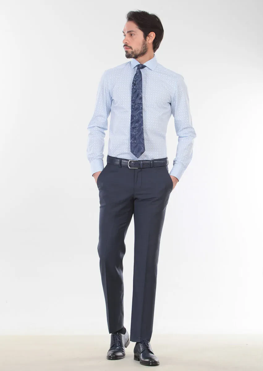 Lacivert Dokuma Modern Fit Klasik %100 Yün Pantolon - 3