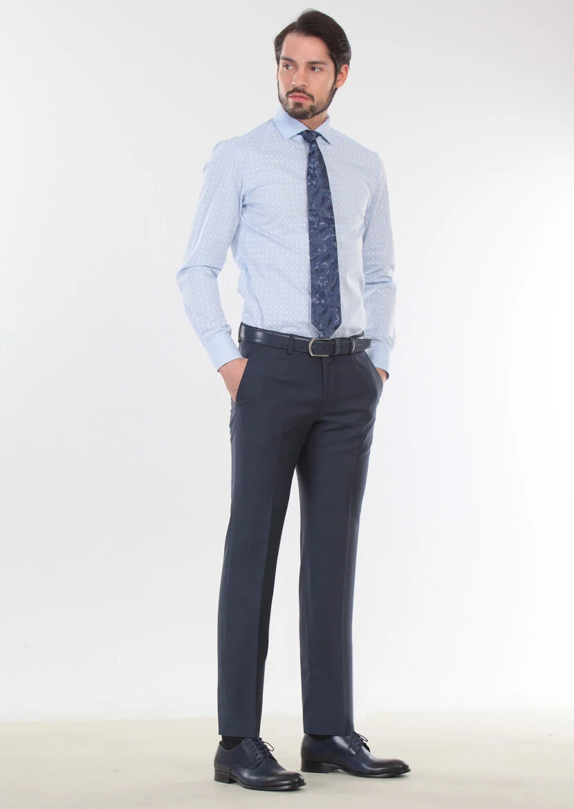 Lacivert Dokuma Modern Fit Klasik %100 Yün Pantolon - 4