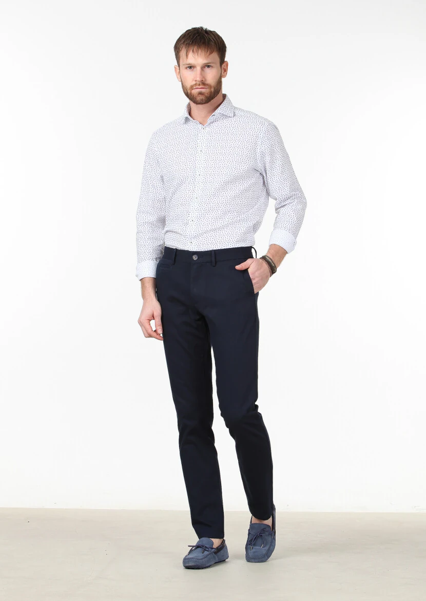 Lacivert Dokuma Regular Fit Casual Pamuk Karışımlı Pantolon - 1