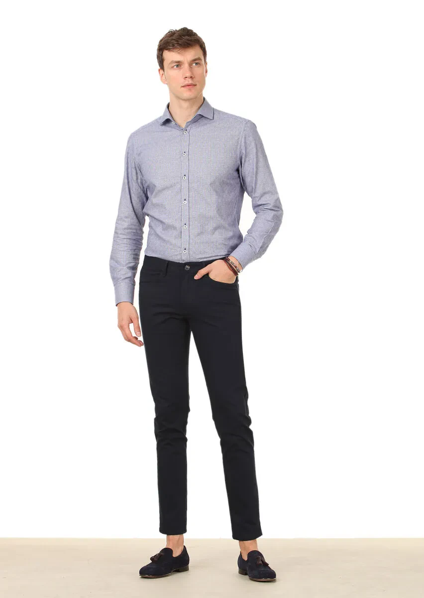 Lacivert Dokuma Slim Fit Casual Pamuk Karışımlı Pantolon - 2