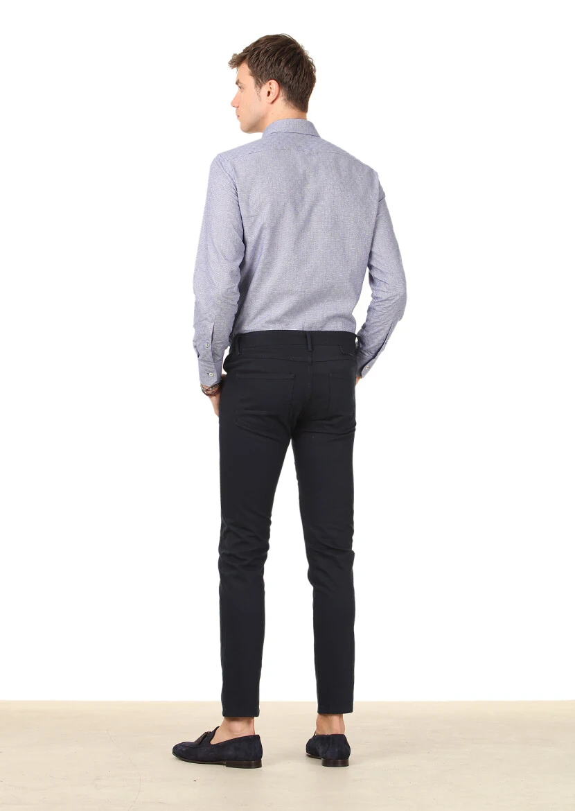 Lacivert Dokuma Slim Fit Casual Pamuk Karışımlı Pantolon - 4