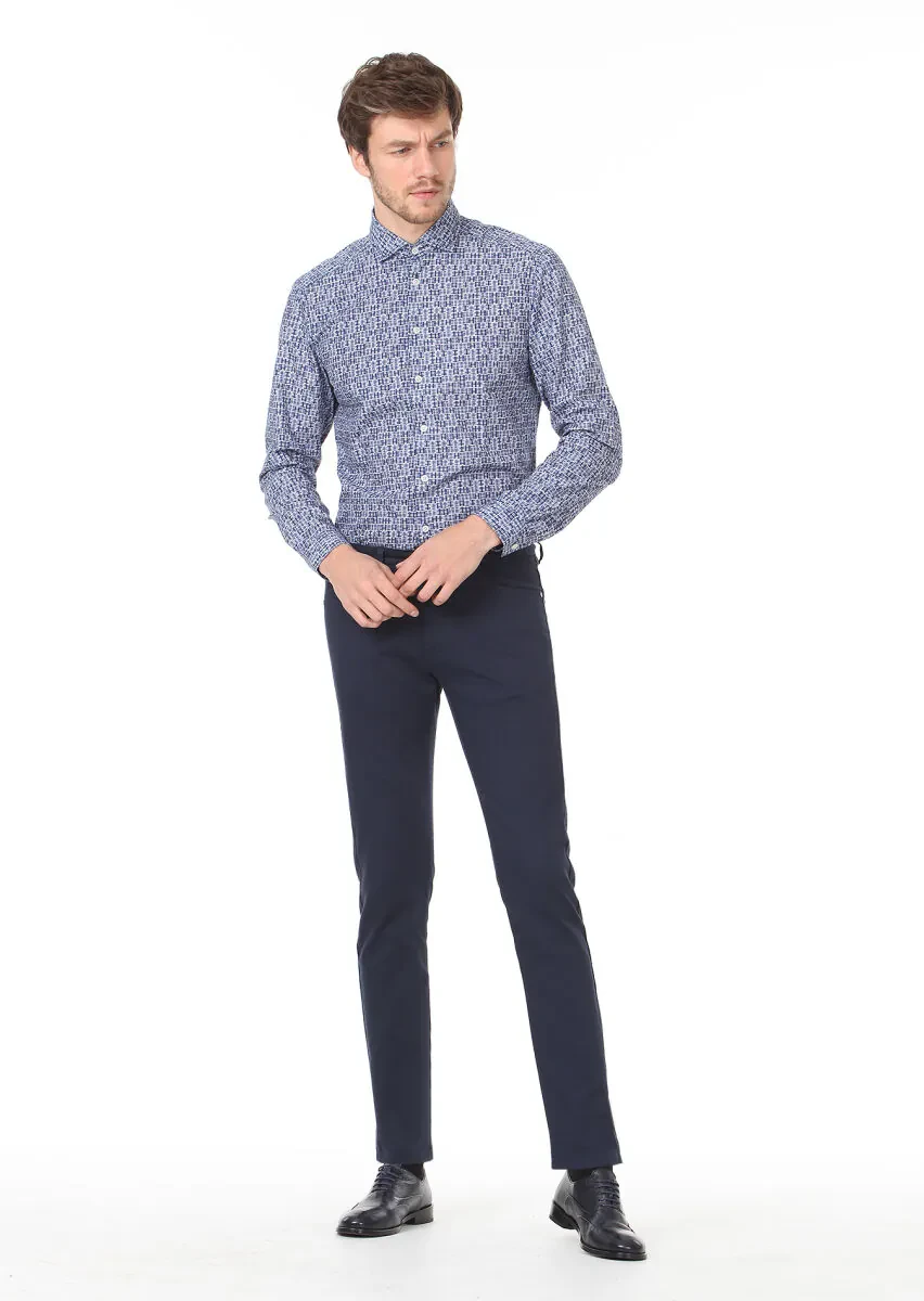 Lacivert Dokuma Slim Fit Casual Pamuk Karışımlı Pantolon - 1