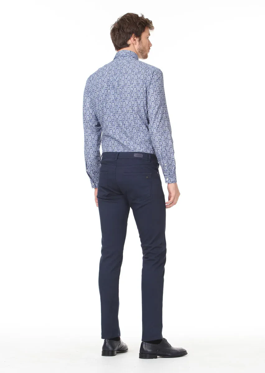 Lacivert Dokuma Slim Fit Casual Pamuk Karışımlı Pantolon - 4