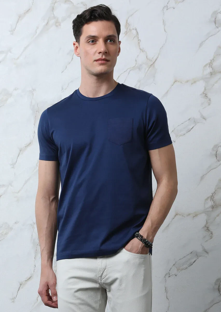 Lacivert Düz %100 Pamuk T-Shirt - 3