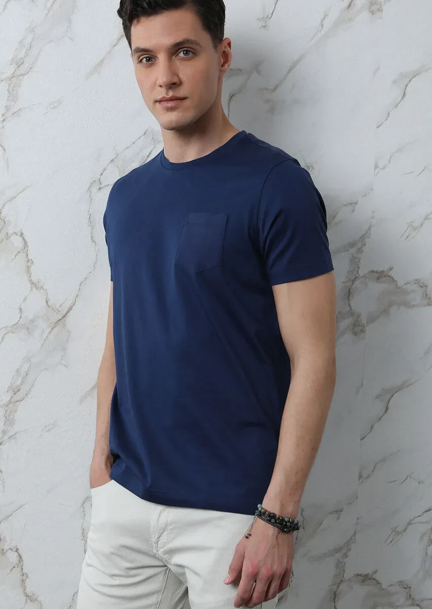 Lacivert Düz %100 Pamuk T-Shirt - 4