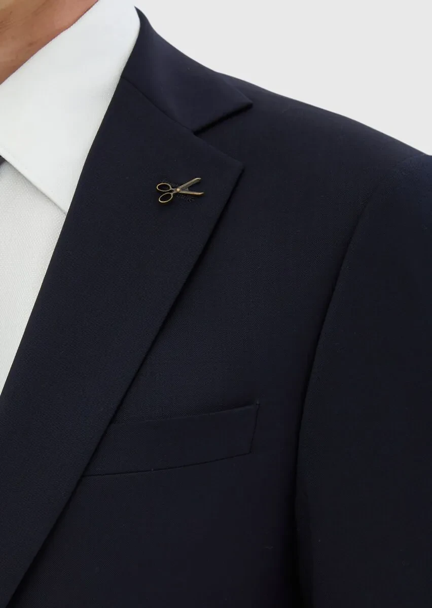 Lacivert Düz %100 Yün Takım Elbise - 4