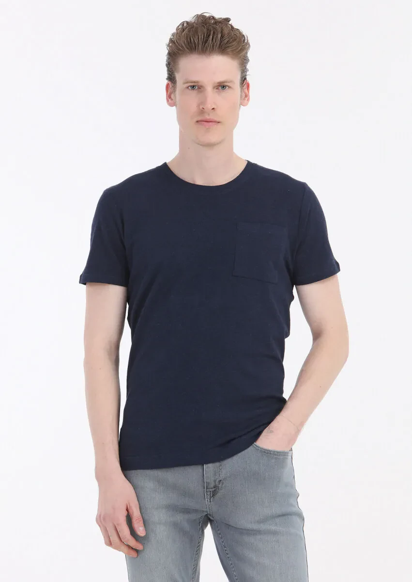 Lacivert Düz Bisiklet Yaka %100 Keten T-Shirt - 2