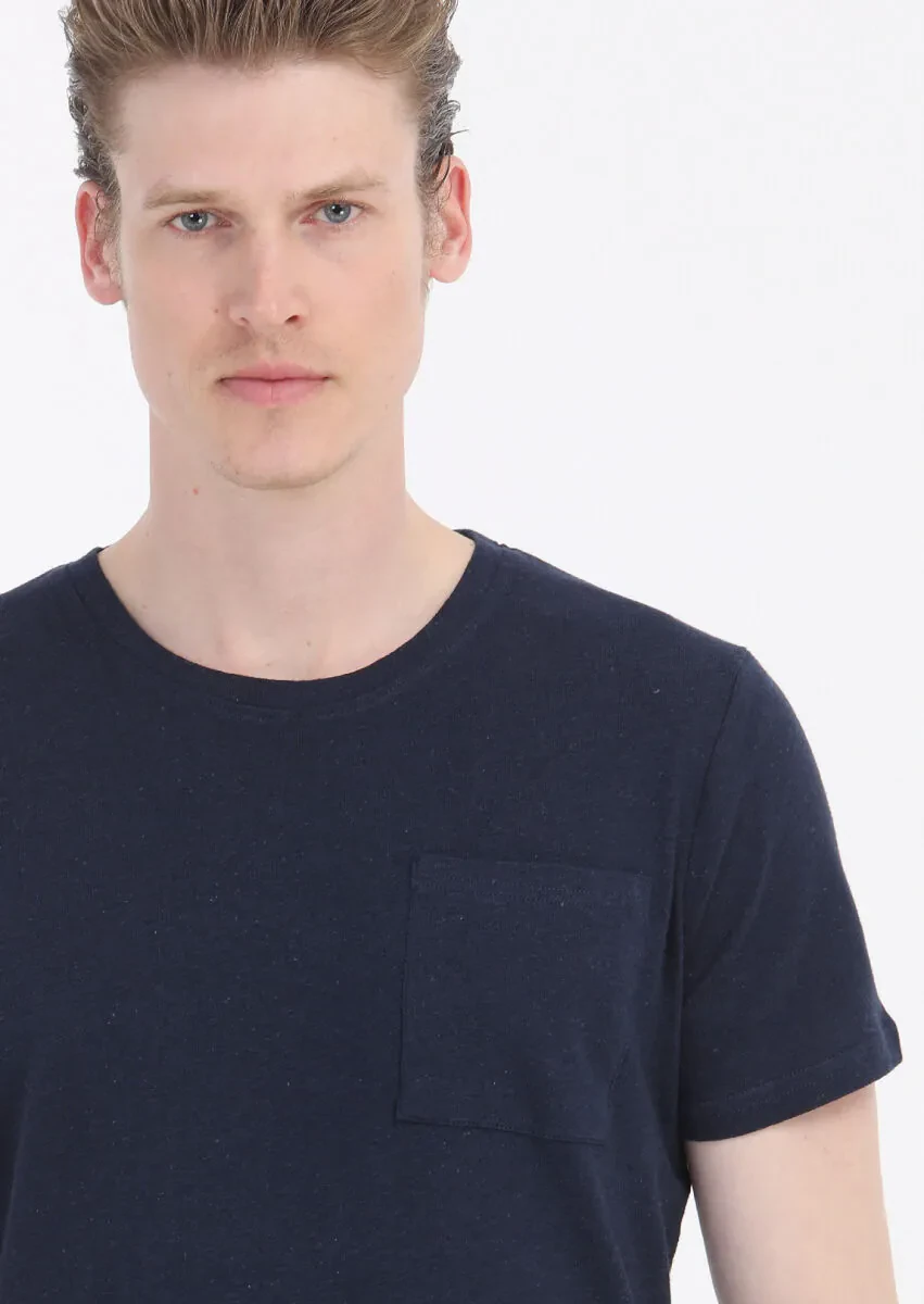 Lacivert Düz Bisiklet Yaka %100 Keten T-Shirt - 3