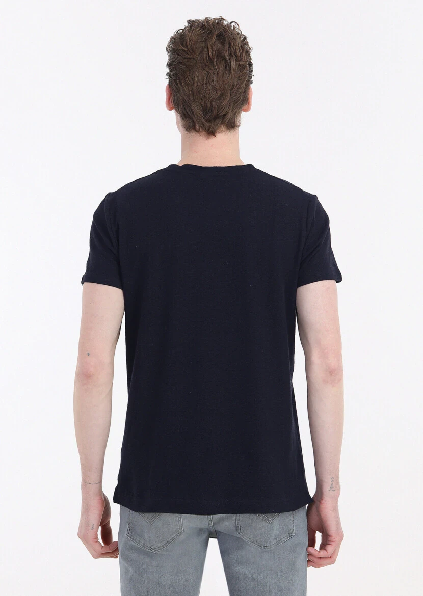 Lacivert Düz Bisiklet Yaka %100 Keten T-Shirt - 4