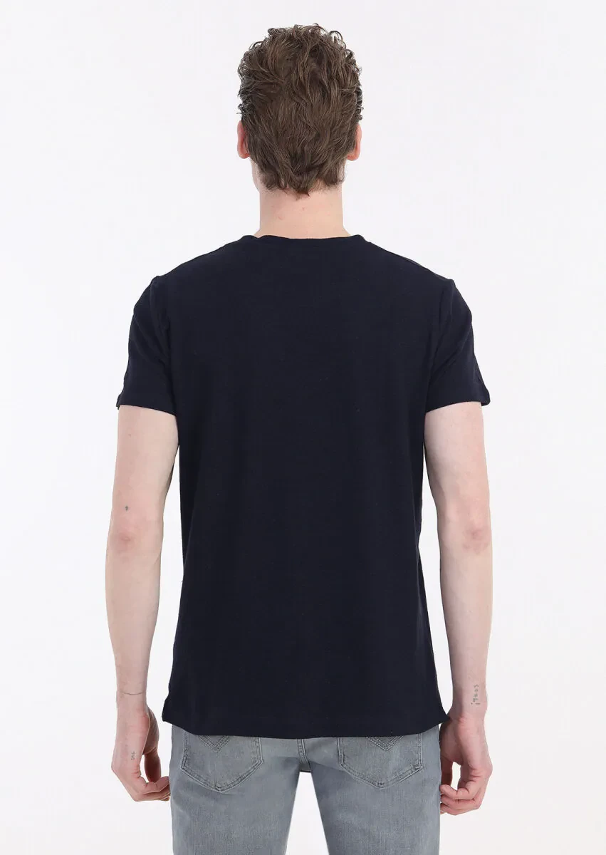 Lacivert Düz Bisiklet Yaka %100 Keten T-Shirt - 4