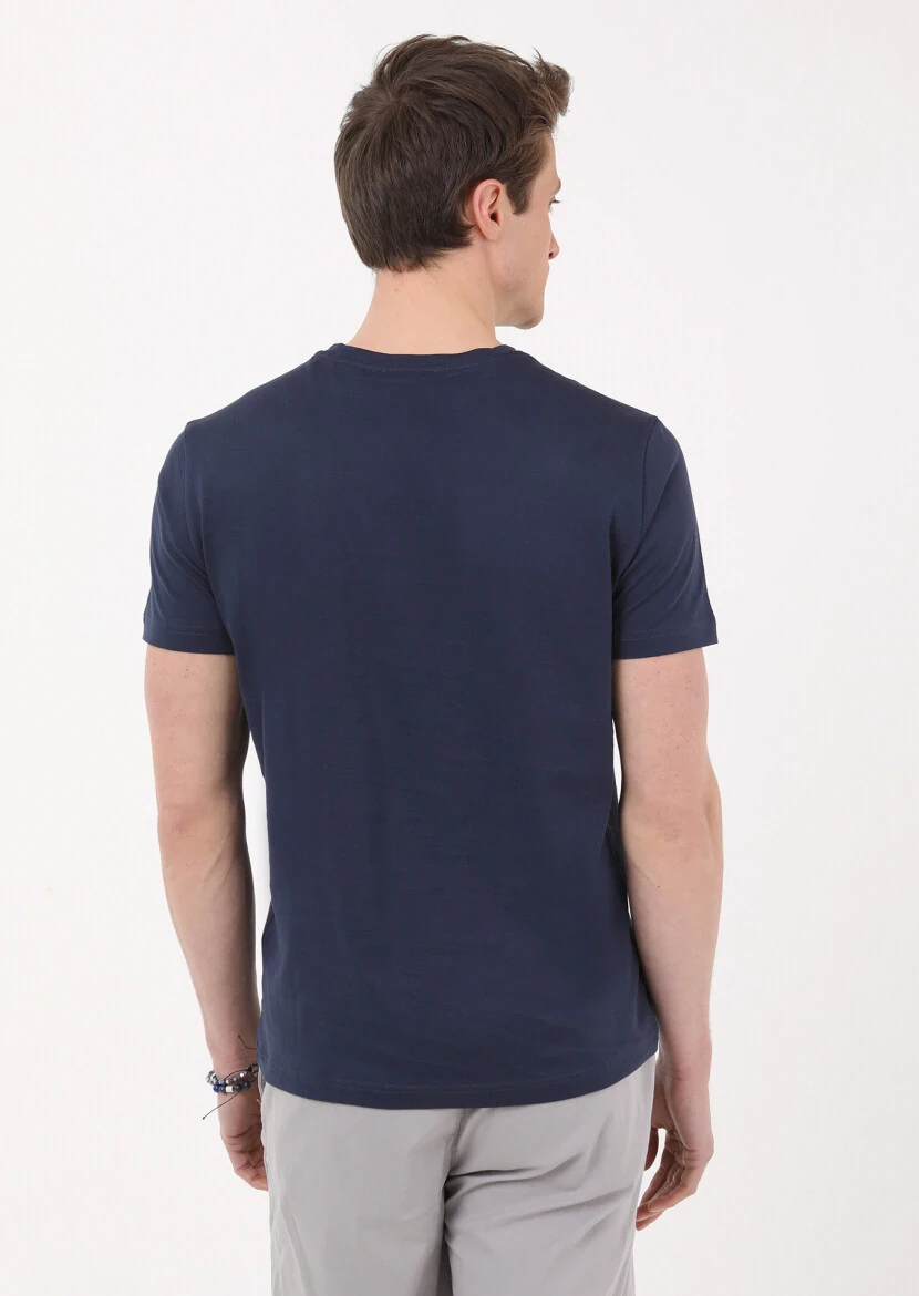 Lacivert Düz Bisiklet Yaka %100 Pamuk T-Shirt - 4