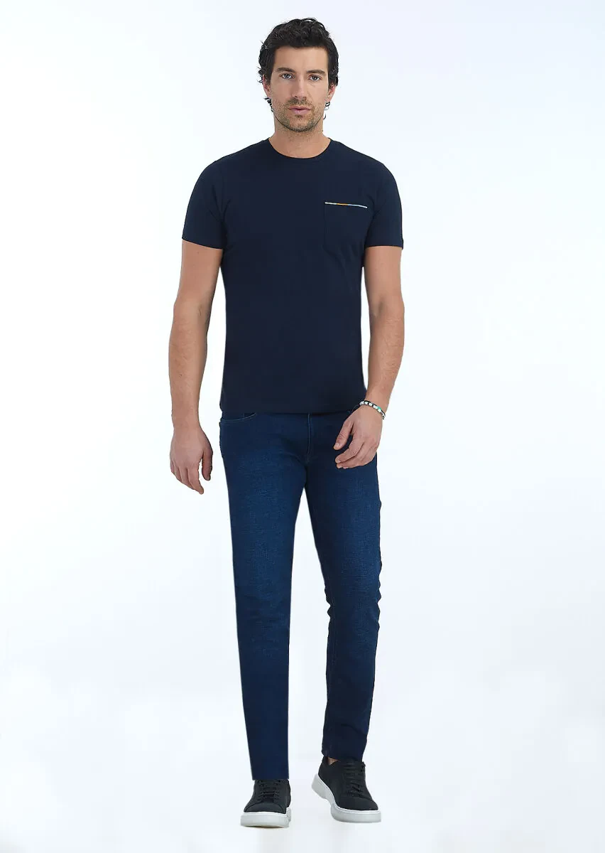 Lacivert Düz Bisiklet Yaka %100 Pamuk T-Shirt - 1