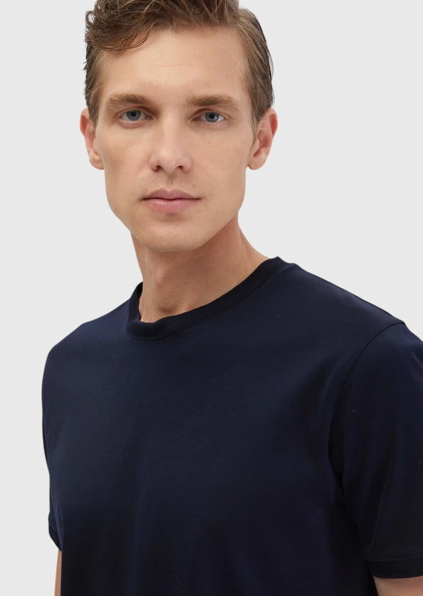 Lacivert Düz Bisiklet Yaka %100 Pamuk T-Shirt - 4