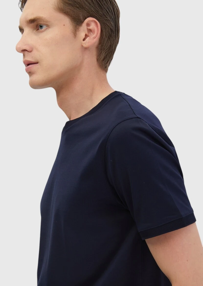 Lacivert Düz Bisiklet Yaka %100 Pamuk T-Shirt - 5