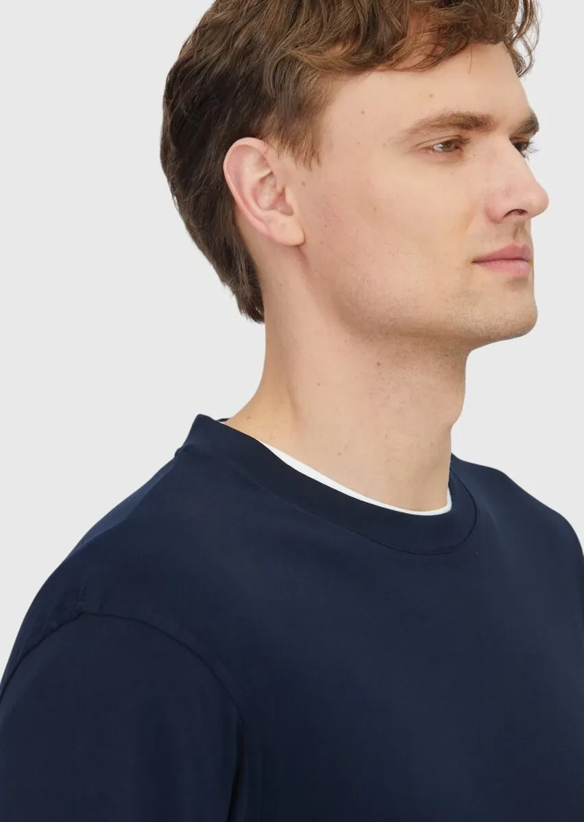 Lacivert Düz Bisiklet Yaka %100 Pamuk T-Shirt - 4